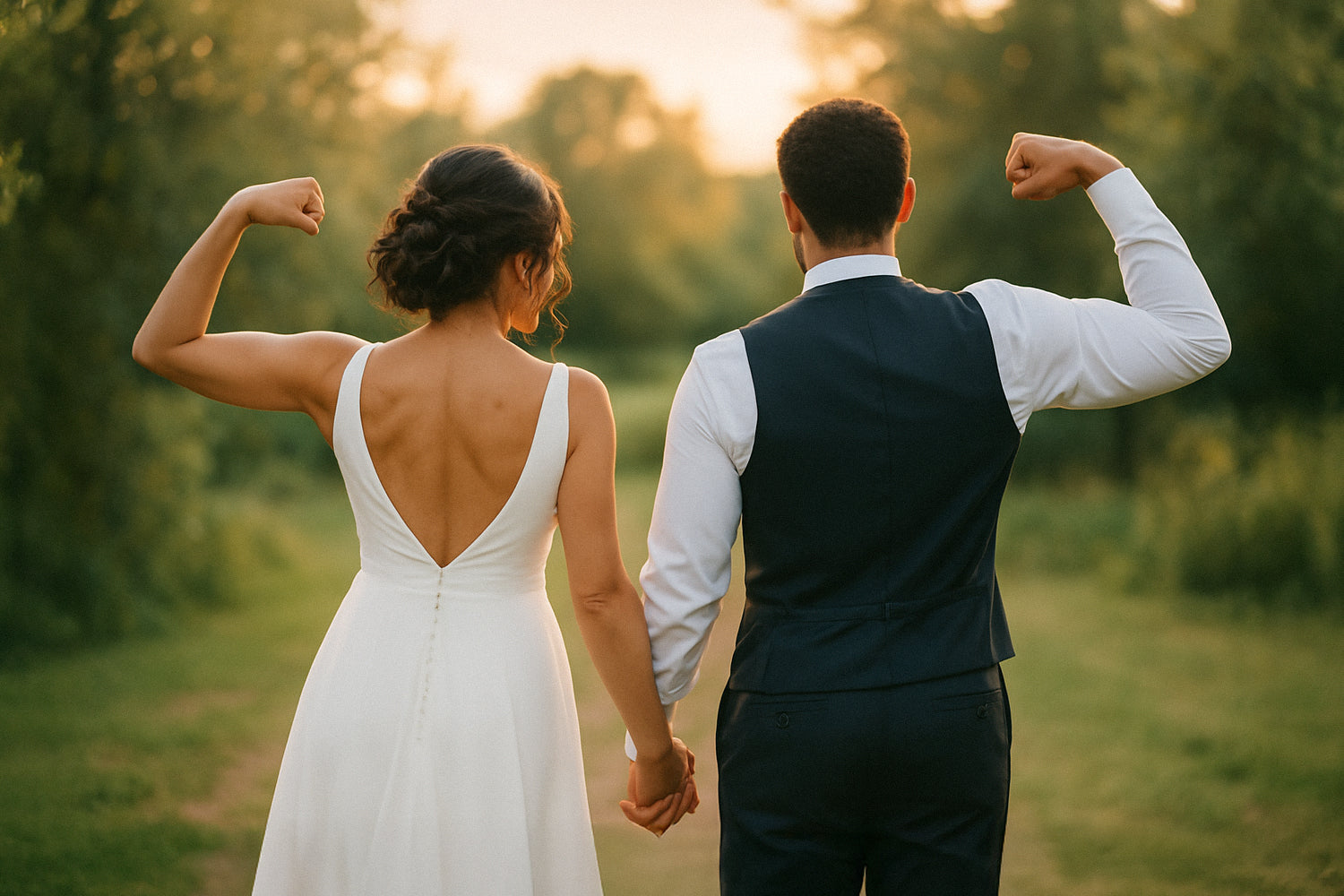 Bride and groom standing outdoors at sunset, holding hands and flexing their arms in a show of strength and confidence, with their backs to the camera.