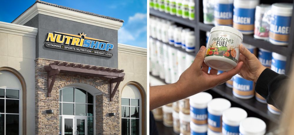 nutrishop store on the right, nature's fuel supplement being handed to a person on the left